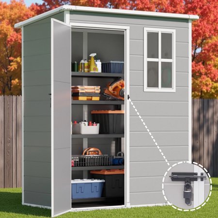 Sheds & Outdoor Storage, Lofka 5 x 3 FT Resin Outdoor Storage with Floor, Window, Lockable Door for Garden|Backyard|Lawn, Gray