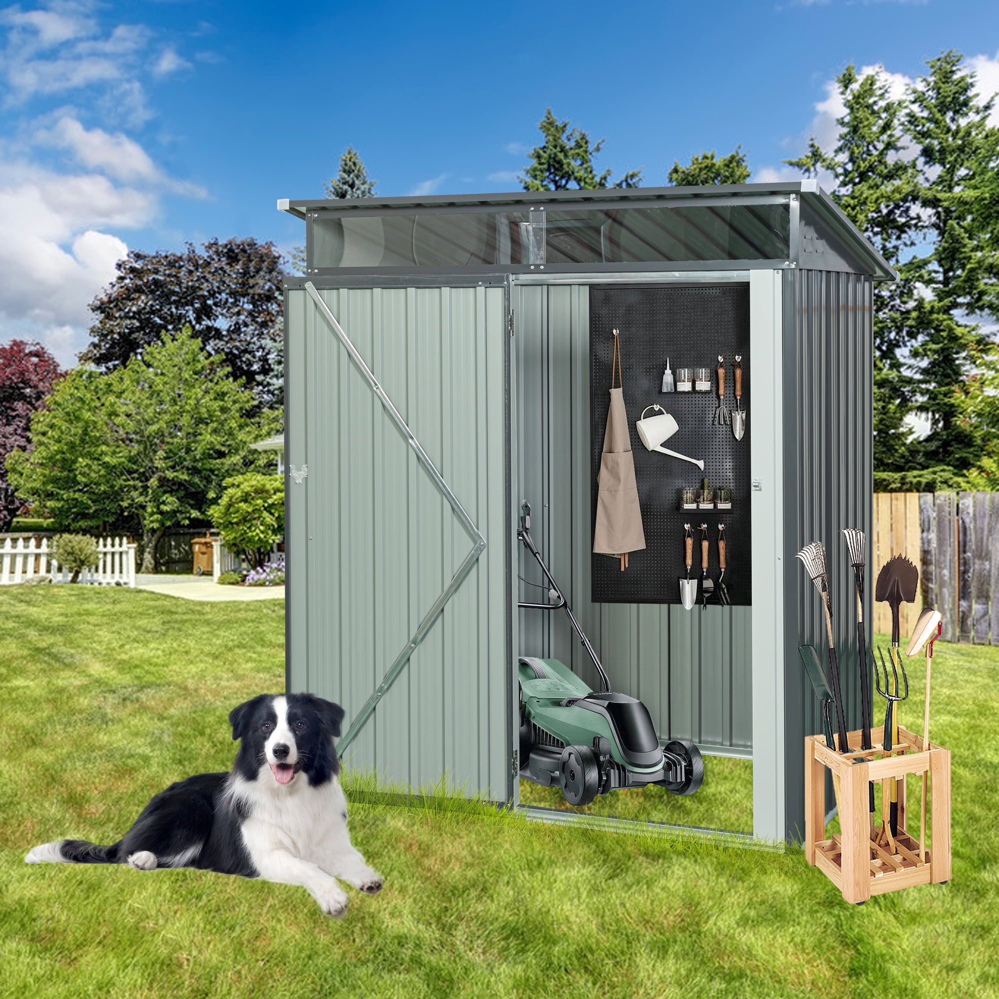 Gray Galvanized Steel Outdoor Storage Shed with Lockable Door