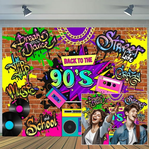 5 x 3 ft 90s Backdrop Hip Hop Back to The 90S Graffiti Banner Brick Wall Retro Photography Background Neon Rewind Retro 1990s Dance Adults Birthday Party Decor Banner Portrait Studio Booth Props