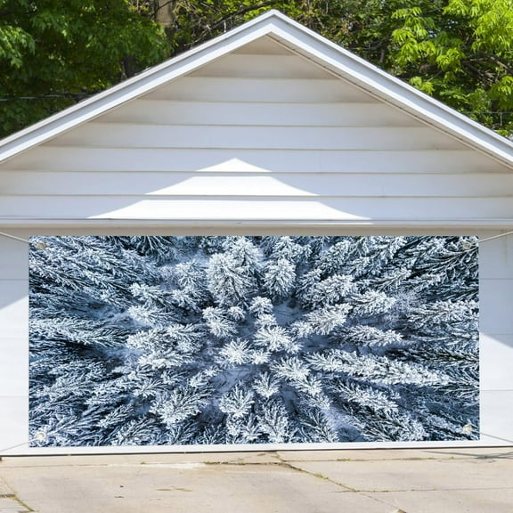 5 x 3 ft Aerial View Snow Covered Pine Trees Forest During Winter Garage Door Decoration Background Landscape Christmas New Year Party Decor Photo Photography Booth Decor Banner Cover