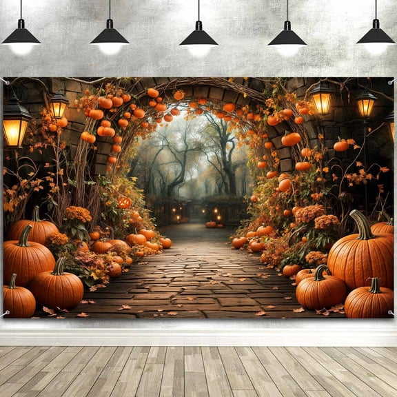 5 x 3 ft Autumn Backdrops Fall Stone Arch Leaves Pumpkin Leaf Path Scenery Photography Background Thanksgiving Yellow Flowers Seasonal Party Photo Studio Props
