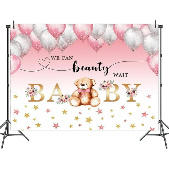 5 x 3 ft We Can Bearly Wait Bear Backdrop Bear Baby Shower Party Backdrop Teddy Watercolor Pink Balloons Star Leaves Background Baby Shower Boy Birthday Party Decor Newborn Photo Shoot Decor Props