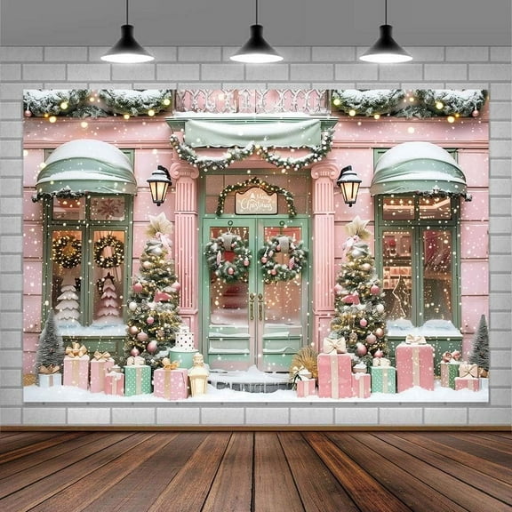 5 x 3 ft Christmas Pink Shop Store Background Photo Backdrop, Party Photography Backdrop Banner, Santa's Toy Shop Store Background for Xmas Party Holiday Supplies