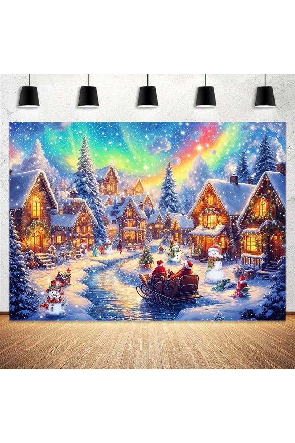 5 x 3 ft Christmas Village Backdrop Colorful Winter Snow Night Pine Tree Santa Claus Photography Background Xmas Fantasy Cartoon Fairy Tale Kids Party Photo Booth Banner