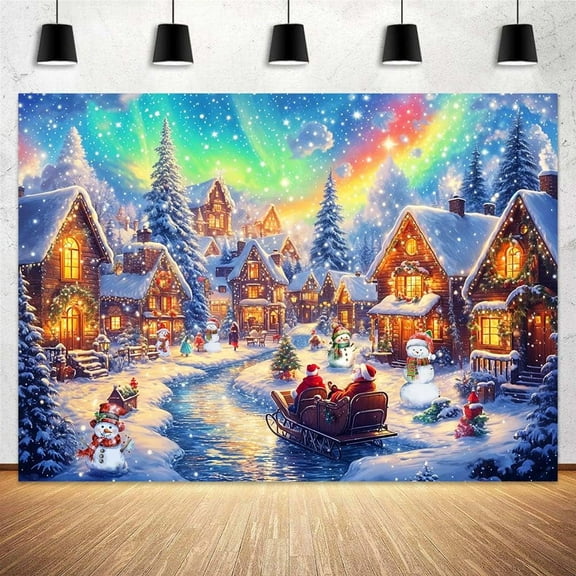 5 x 3 ft Christmas Village Backdrop Colorful Winter Snow Night Pine Tree Santa Claus Photography Background Xmas Fantasy Cartoon Fairy Tale Kids Party Photo Booth Banner