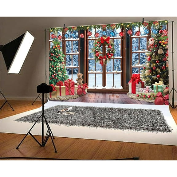 5 x 3 ft Christmas Window Winter Natural Scenery Backdrop Art Red Xmas Tree Photography Backdrops Snow Holiday Photobooth Portrait Party Banner Festival Photo Studio Props Supplies
