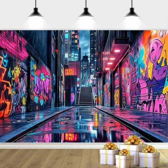 5 x 3 ft Cool Graffiti Street Backdrop Night Street Backdrop, Retro 80s 90s Photography Background Fashion Hip Hop Style Background Party Decor Photo Booth Props