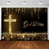 5 x 3 ft Cross Backdrop, Golden Gliitter God Bless Backdrop Baptism Resurrection of Jesus Easter Photo Background for Church Events Decor Photo Props