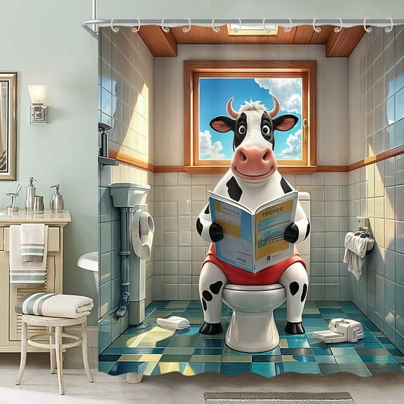 Funny Cow Shower Curtain, Cute Highland Cow Sitting on a Toilet Reading Books Fun Shower Curtains Set, Humorous Cartoon Rustic Farm Animal Theme Shower Curtain Bathroom Decor with 12 Hooks