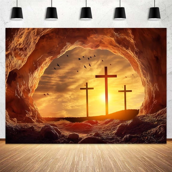 5 x 3 ft Easter Tomb Backdrop Fabric Resurrection of Jesus Christ Cross Empty Tomb Stone Hole Backdrop Holy-Light Sunset Banner Crucifix Christianity Church Easter Events Decor Props