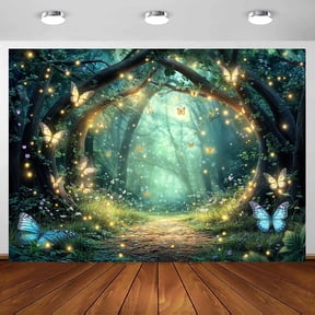 5 x 3 ft Enchanted Forest Backdrop Spring Fairytale Forest Flower Wonderland Background, Glitter Butterfly Princess Magic Theme Banner Portraits Photo Props Party Decor