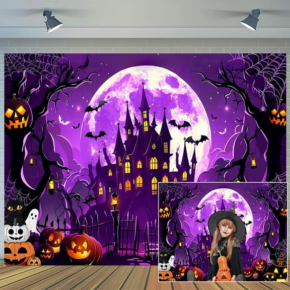 5 x 3 ft Halloween Backdrop Purple Night Moon Bat Castle Background Devil Pumpkin Lantern Scary Spooky Haunted House Cemetery Spider Web Kids Child Hallowmas Party Decorations Photoshoot Backdrops