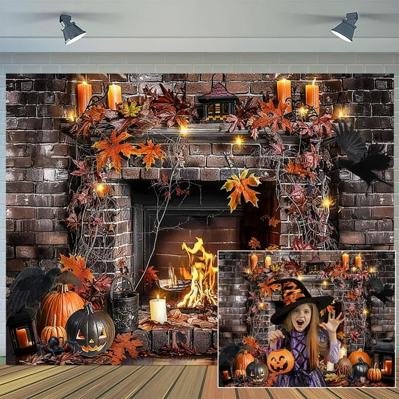 5 x 3 ft Halloween Fireplace Backdrops Photography Fall Fireplace Stone Brick Floor Skulls Hallowmas Wall Background Halloween Photo Decorations Studio Props