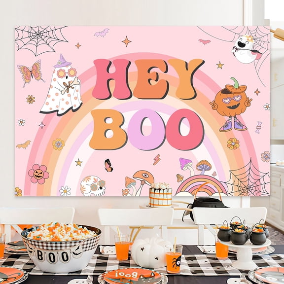 5 x 3 ft Halloween Groovy Hey Boo Backdrop Vinyl Background Cloth Pink Retro Rainbow Party Photo Booth Banner Wall Decoration for Halloween Celebration Indoor Outdoor Event Supplies