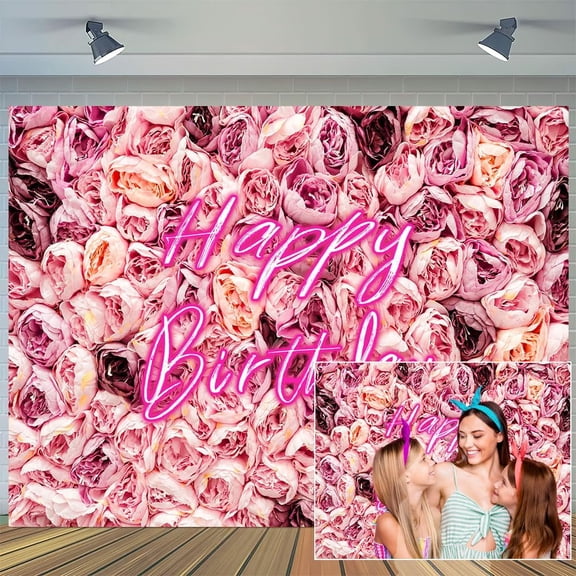 5 x 3 ft Happy Birthday Backdrop Pink Rose Wall Backdrop for Pink Flower Birthday Neon Photography Background Girls Birthday Spring Birthday Baby Shower Party Decorations Supplies