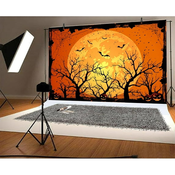 5 x 3 ft Happy Halloween Orange Backdrop Bat Scary Pumpkin Lantern Full Moon Photo Backdrops for Parties Banner Decorations Outdoor Kids Portrait Hallowmas Holiday Photography Background