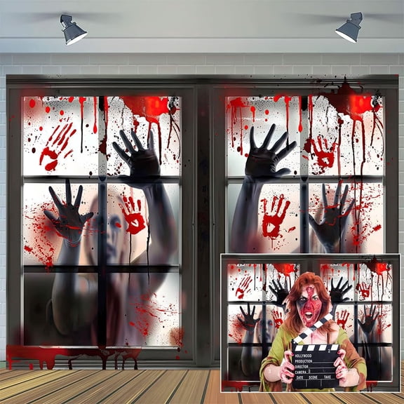 5 x 3 ft Happy Red Halloween Window Bloody Backdrop Scary Window No One Leaves Creepy Fingerprint Footprint Splatter for Zombie Vampire Party Background Halloween Party Decoration Photo Booth Props