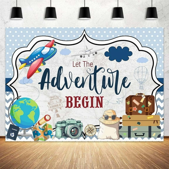 5 x 3 ft Let The Adventure Begin Backdrop Blue World Map Travel Around The World Cute Airplane Baby Shower Background Newborn Decoration Supplies Photo Shoot Studio Props