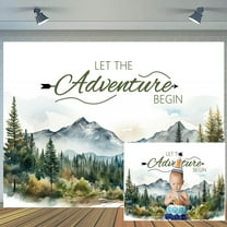 5 x 3 ft Let The Adventure Begin Backdrop Cute Rustic Forest Pine Tree Mountains Woodland Photography Background Awaits Baby Shower Birthday Party Decoration Banner Studio Props