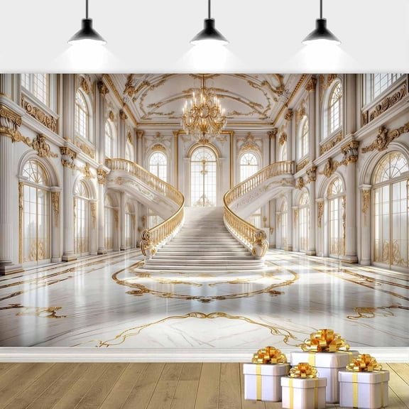 5 x 3 ft Luxurious Palace Backdrop, White Golden Palace Photography Background Dreamlike Wedding Photo Background, European Hall Photography Backdrop Wedding Bridal Shower Party Banner Decor