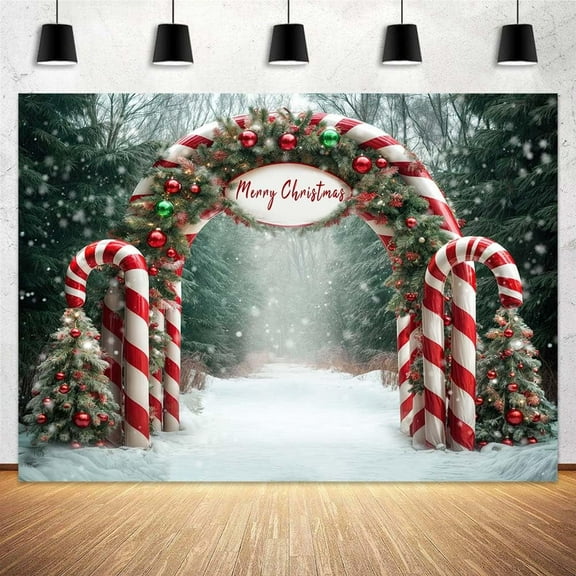 5 x 3 ft Merry Christmas Backdrop Cane Candy Arch Winter Snow Wonderland Xmas Tree Background Green Christmas Holiday Party Child New Year Eve Party Decorations Photo Banner Props