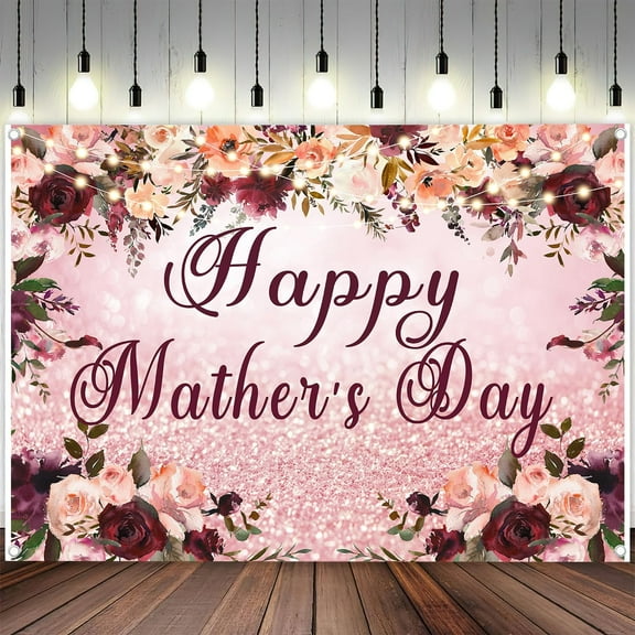 5 x 3 ft Mother's Day Backdrop Pink Glitter Happy Mothers Day Party Banner, Romantic Rose Flower Happy Mothers Day Backdrop Decor Photo Studio Booth Props
