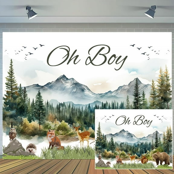 5 x 3 ft Oh Boy Backdrop Forest Adventure Mountain Wilderness Woodland Wildlife Owl Fox Deer Squirrel Bear Baby Shower Photography Background Watercolor Greenery Forest Party Banner Photoshoot Props