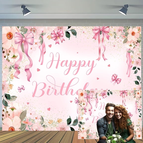 5 x 3 ft Pink Bow Happy Birthday Backdrop Birthday Bow Floral Party Decor for Girls Women Banner Bow Theme Baby Shower Birthday Party Photography Backgrounds Photo Booth Props