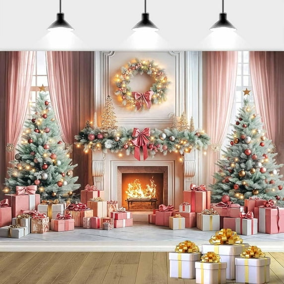 5 x 3 ft Pink Christmas Backdrop Christmas Fireplace Backdrop, Winter Xmas Tree Gift Background Fireplace Photography Background Holiday Party Decorations Photo Studio Props