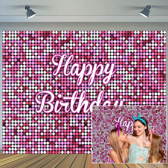 5 x 3 ft Pink Flash Square Backdrop Happy Birthday Neon Glitter Sequins Wall Panel Shimmer Background for Girls Women Birthday Party Decorations Girls Night Supplies Sweet Cake Table Photo Banner
