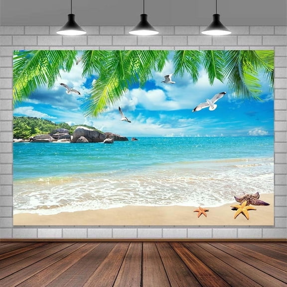 5 x 3 ft Summer Photography Backdrop, Tropical Beach Background Summer Seagulls Beach Backdrop, Summer Hawaiian Beach Backdrop Birthday Party Baby Shower Party Decor Banner Photo Studio Props