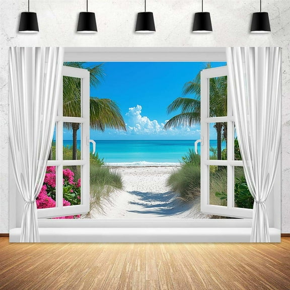 5 x 3 ft Summer Tropical Hawaii Backdrop Palm Tree Beach Window Photography Backdrops Blue Sea Sky Sunshine Luau Party Photo Background Wedding Bride Shower Baby Birthday Banner Supplies Props Vinyl