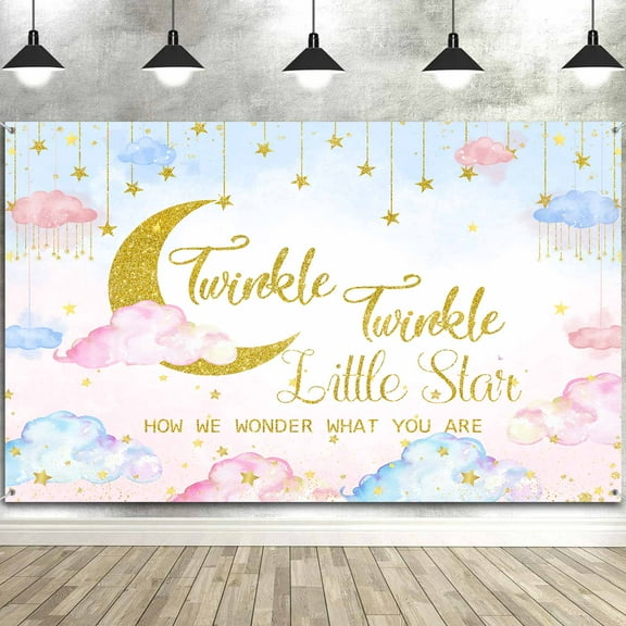 5 x 3 ft Twinkle Twinkle Little Star Gender Reveal Backdrop, Pink Blue Boy or Girl Baby Shower Decoration Watercolor Moon Clouds Photography Background Photo Shoot Props