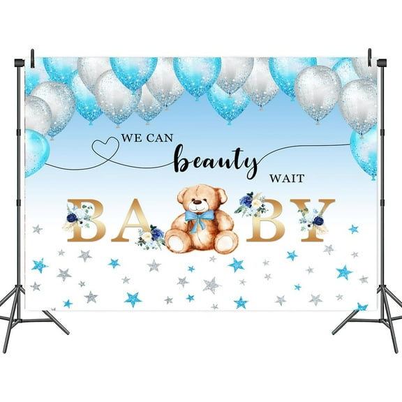 5 x 3 ft We Can Bearly Wait Bear Backdrop Bear Baby Shower Party Backdrop Teddy Watercolor Blue Balloons Star Leaves Background Baby Shower Boy Birthday Party Decor Newborn Photo Shoot Decor Props