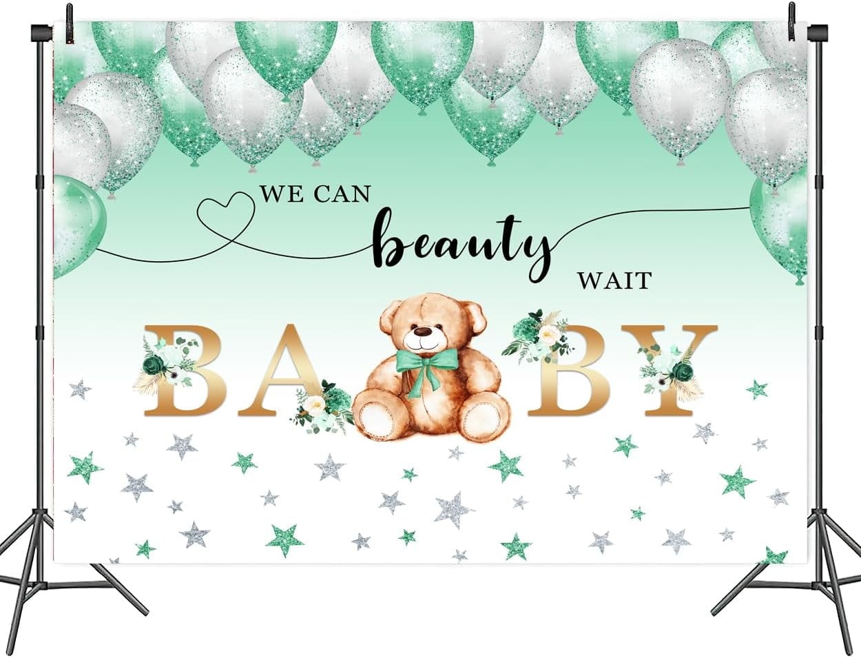 Baby Shower Hintergrund "We Can Bearly Wait" – Bären-Motiv Mit Grünen Blättern, 2,1x1,5 M, Für Fotoaktionen