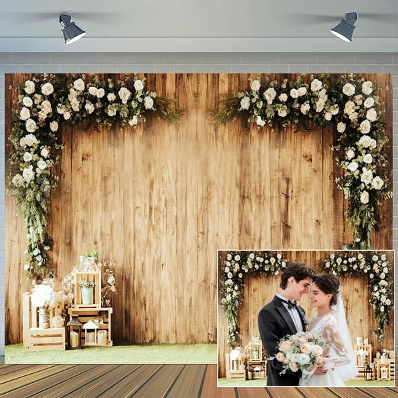 5 x 3 ft Wedding Wood Wall Rustic Floral Backdrop Bride Shower Reception Ceremony Photography Backdrop Wedding Party Decoration Photography Banner Props Photography Studio Props