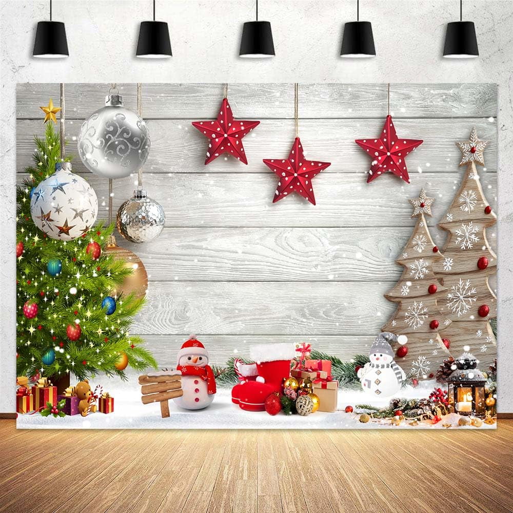 5 x 3 ft White Wood Floor Christmas Backdrop Xmas Tree Christmas Balls ...