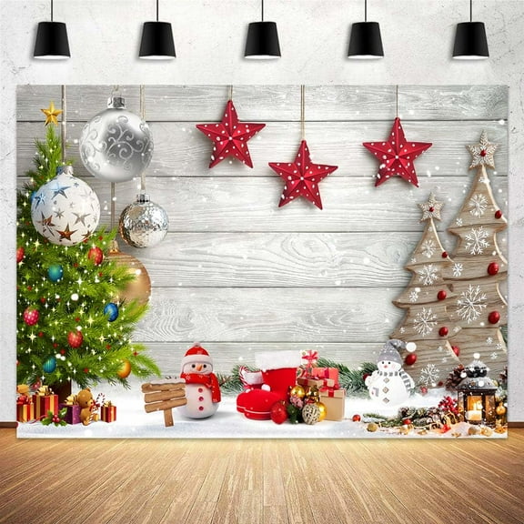 5 x 3 ft White Wood Floor Christmas Backdrop Xmas Tree Christmas Balls Beautiful Snowflakes Decoration Background Christmas Family Party Decoration Banner Studio Photography Props Props