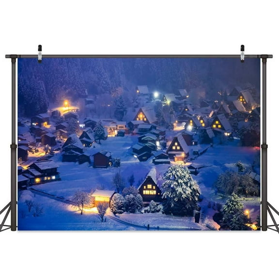 5 x 3 ftChristmas Photography Backdrop Xmas Winter Rustic Village Night View Scenery Background Retro Xmas Tree Forest Banner for Christmas Happy New Year Party Decorations Holiday Photobooth Props