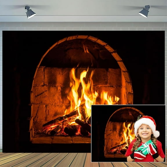 5 x 3 ftFireplace Backdrop Fireplace Flaming Woods Backdrop for Christmas Camping Poster Outdoor Travel Party Photography Background Photo Studio Props