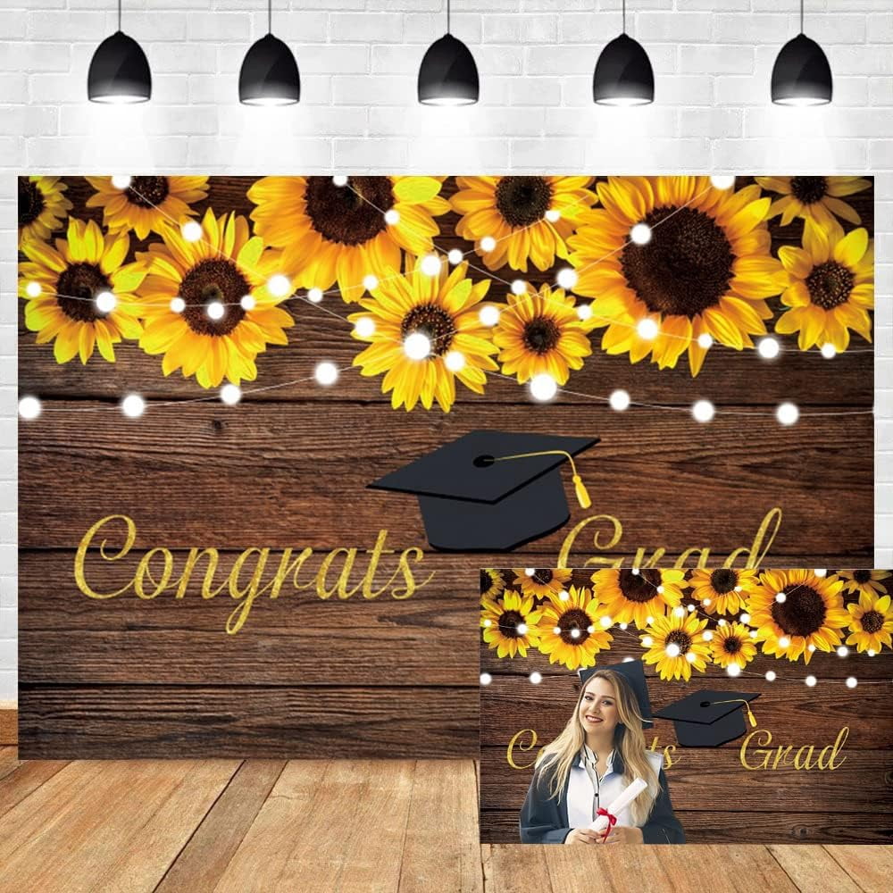5 x 4 feet sunflower graduation backdrop, 2025 graduation congratulations background, rustic wooden board, flowers, bachelor's cap, graduation banner, party decoration.