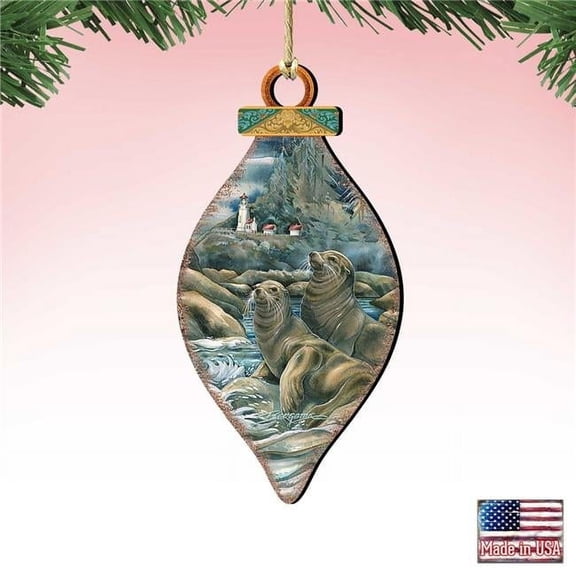 5 x 5.5 in. Lions of the Sea Lighthouse Caves Wooden Ornaments - Set of 2