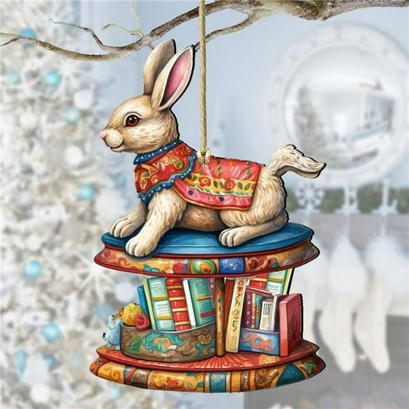 5 x 5.5 x 0.25 in. Carousel Bunny with Books Wooden Christmas Decor Ornaments