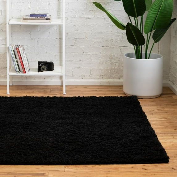 Unique Loom Everyday Shag Collection Area Rug - Solid (5' Square Black)