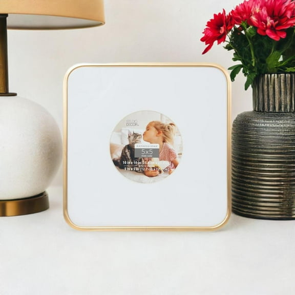 5" x 5" Gold Rounded Expressions Picture Frame with Circle Mat by Studio Decor - Fold-out Easel Included - Horizontal or Vertical Display - 1 Pack