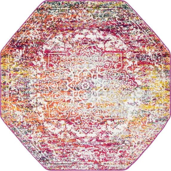 5' x 5' Medallion Fuchsia Pink and Ivory Octagon Area Throw Rug