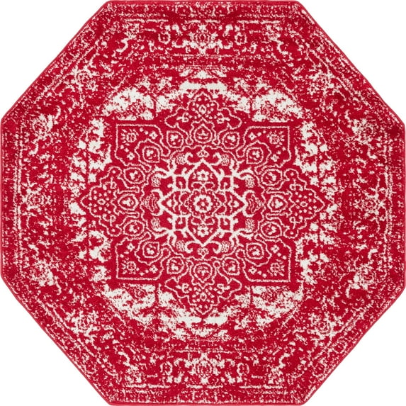 5' x 5' Medallion Red and Ivory Octagon Area Throw Rug