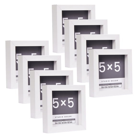 5" x 5" White Display Frame - Fundamentals by Studio Decor - Shadow Box-Style MDF Frames with Glass Front for Wall or Tabletop Use - 8 Pack