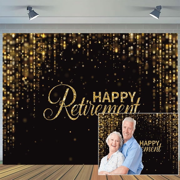 5 x 5 ft Happy Retirement Backdrop, Black Gold Retirement Party Decorations Banner Background Photography, Retirement Signature Board Photo Booth Props Decor for Men, Women