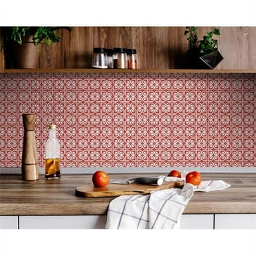 5 x 5 in. Brick Red & White Scroll Peel & Stick Removable Tiles
